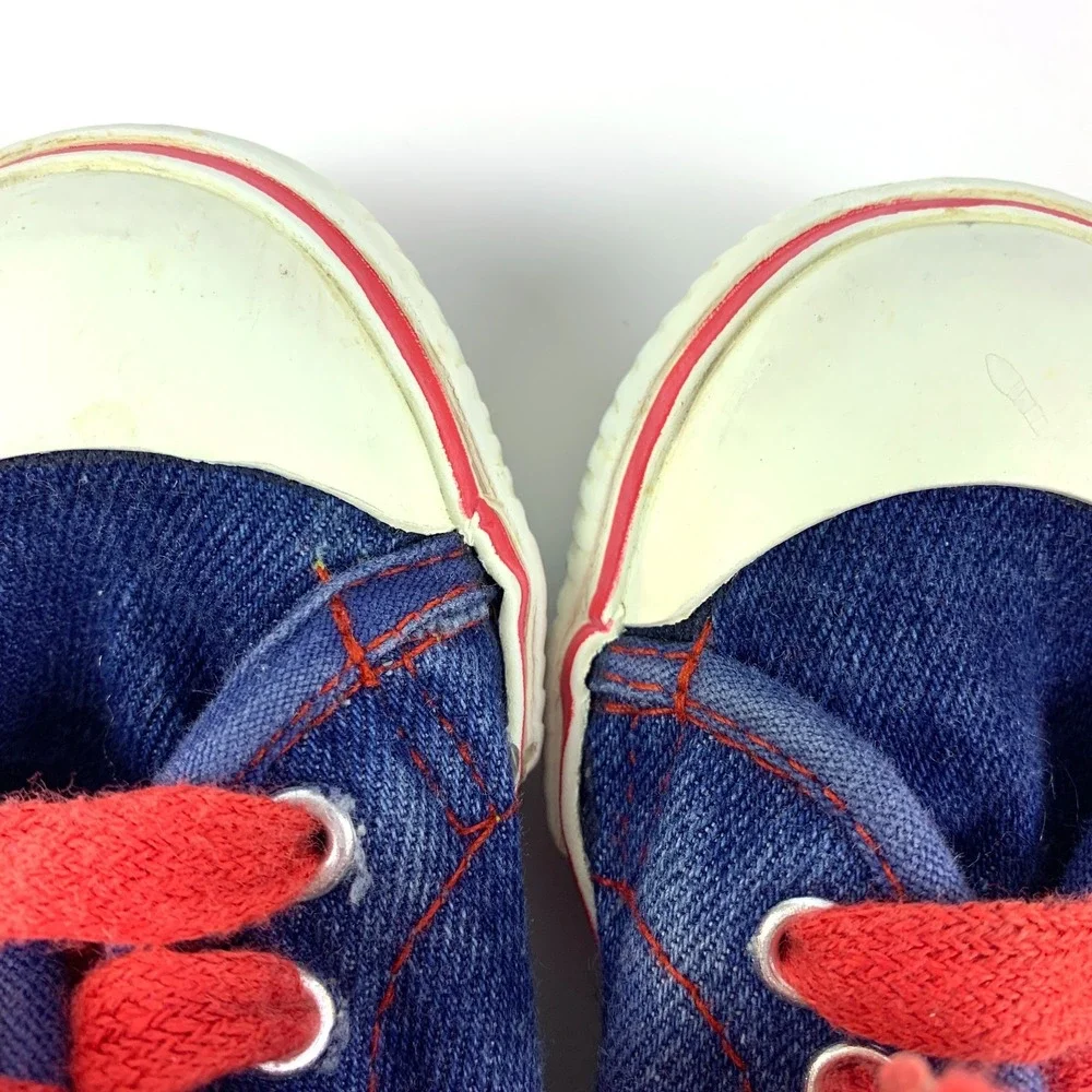 VTG Circo Denim Shoes‎ Toddler 7.5 Embroidered Trains Primary Colors Blue Red